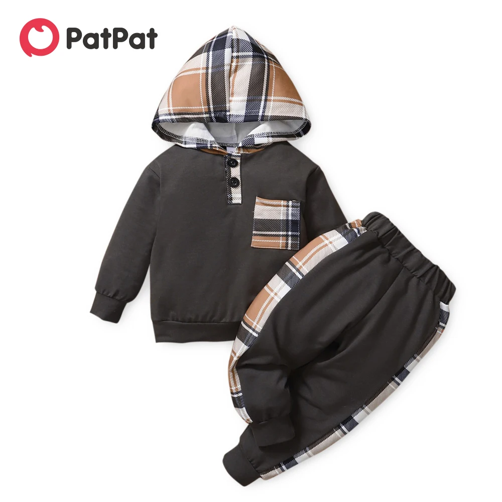 

PatPat 2-piece Toddler Boy 100% Cotton Button Design Plaid Hoodie and Elasticized Joggers Pants Set