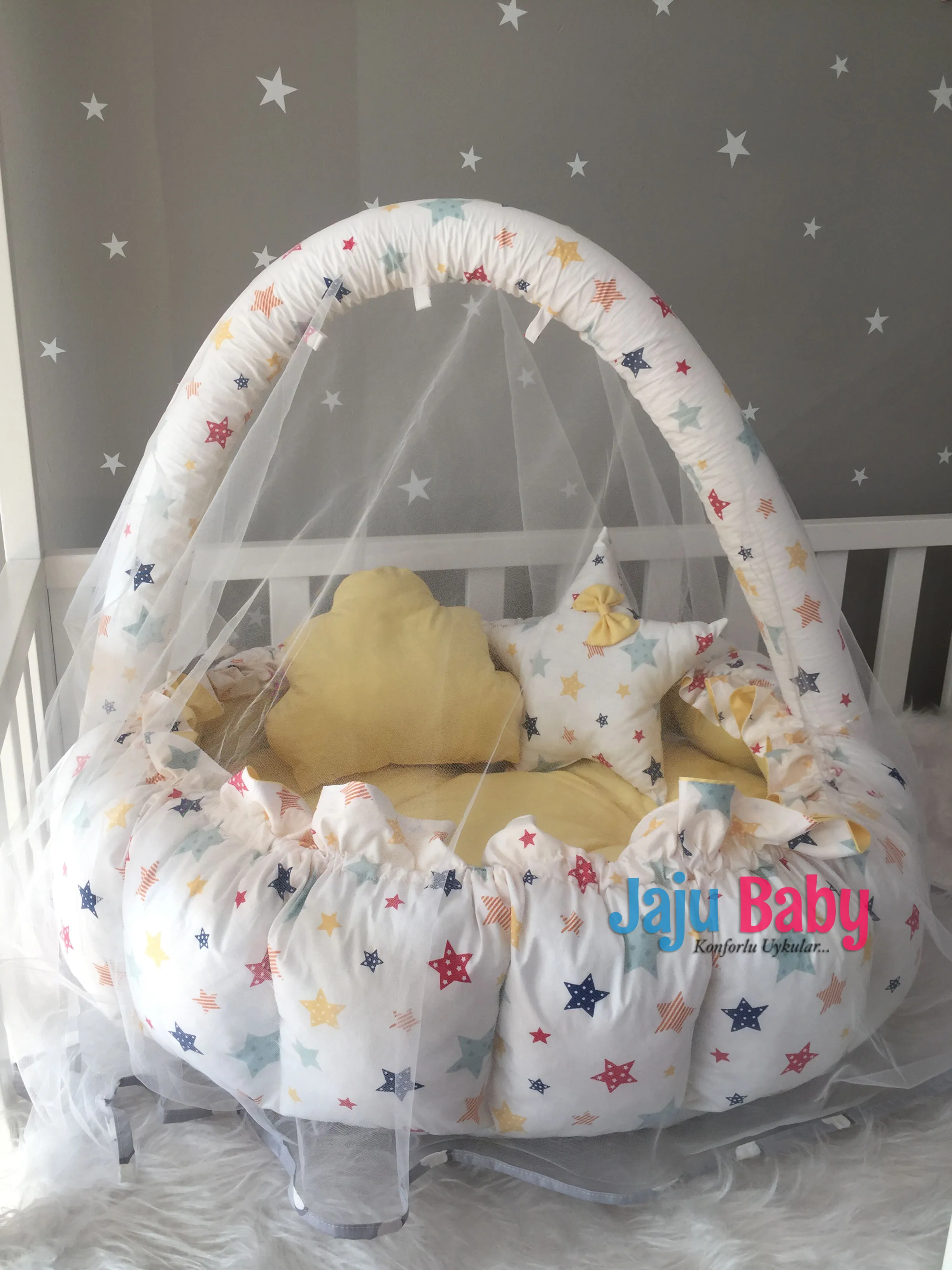 Jaju Baby Yellow Star Patterned Design Luxury Play Mat Babynest Mosquito Net Tulle Toy Apparatus Set, Play Mat, Babynest