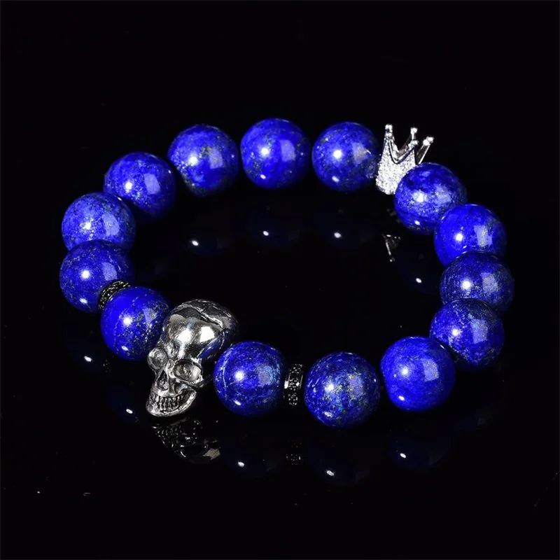 Natural Blue Lazurite Quartz Charm Bracelet Reiki Lapis Skull Healing Crystal Crown Gemstone Bracket Elastic Balancing Energy Ha