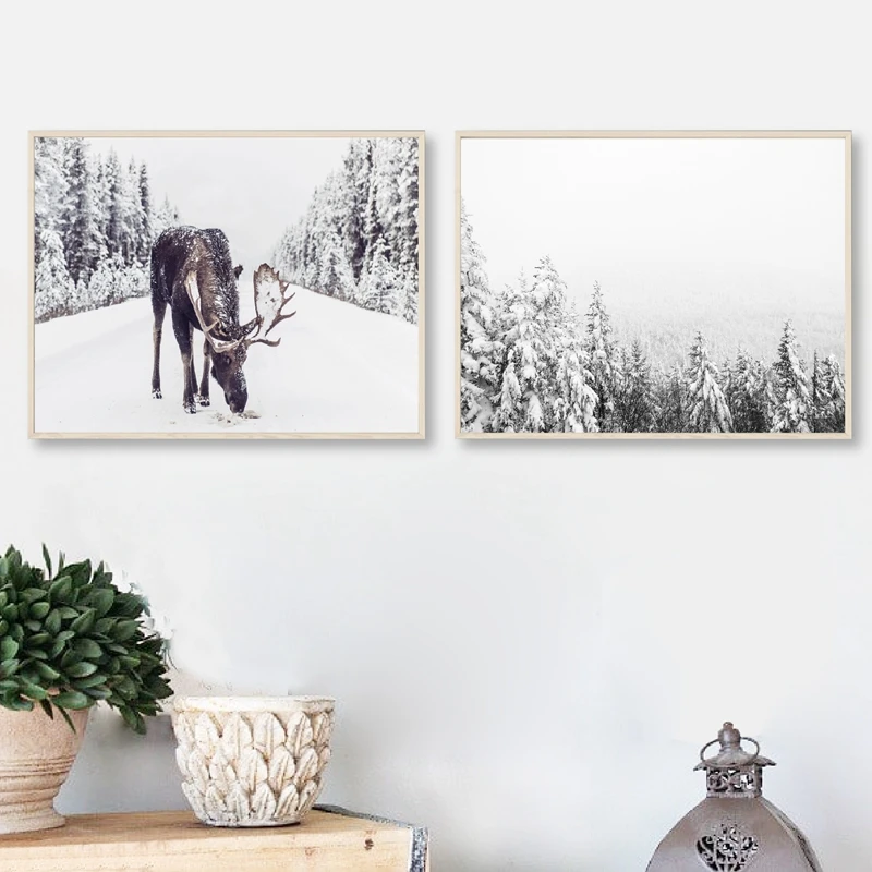 Картина с изображением лосят в снегу зимняя искусственная живопись деревенский