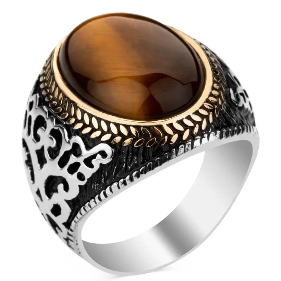 

Silver Brown Tiger Eye Stone Ring 925 Sterling Oval Hand Carved Top Mens Quality Jewelry Charming Excellent Luxury New Perfect