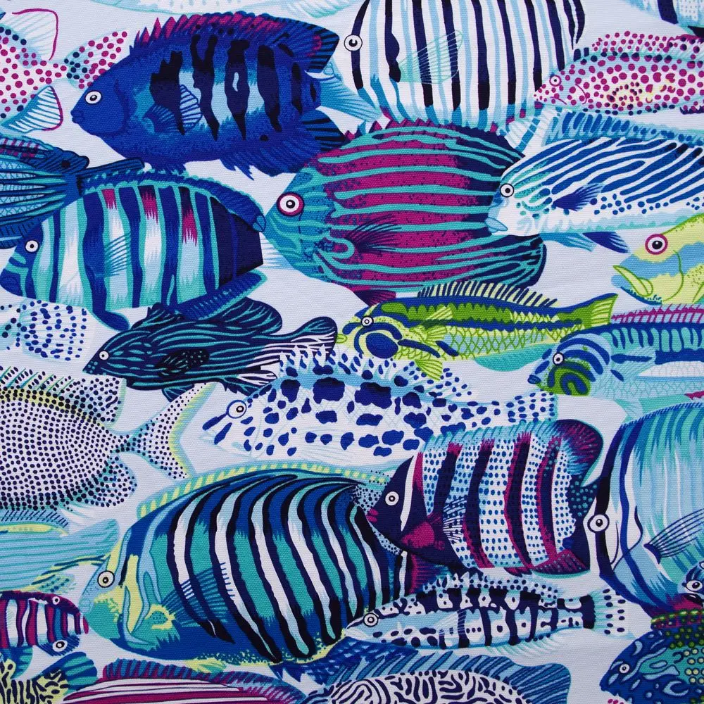 

1 yard Cotton Canvas Fabric for sewing, pathwork, bag, curtain, hadmaking - Colourfull Fish (blue) (width=145cm)