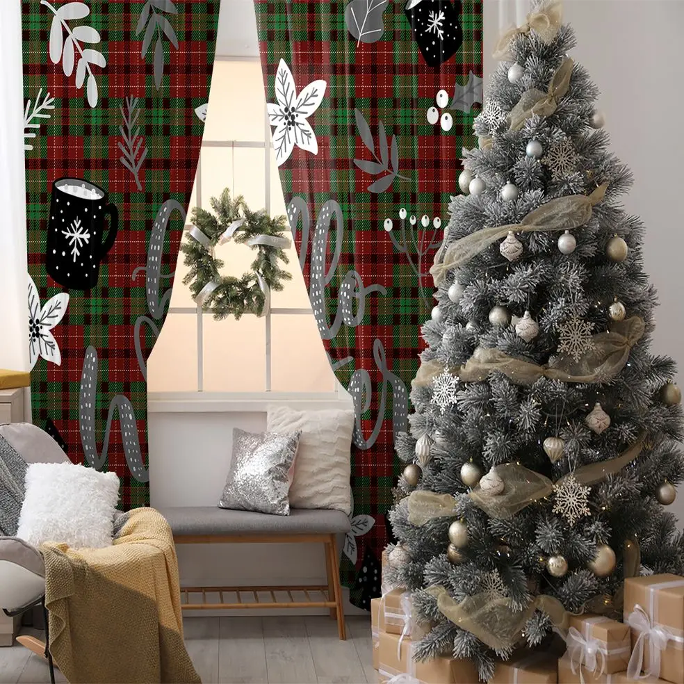 

Curtain Pine Trees Leaves Mugs on Plaid Pattern Traditional Christmas Theme Artwork Printed Green Red Black