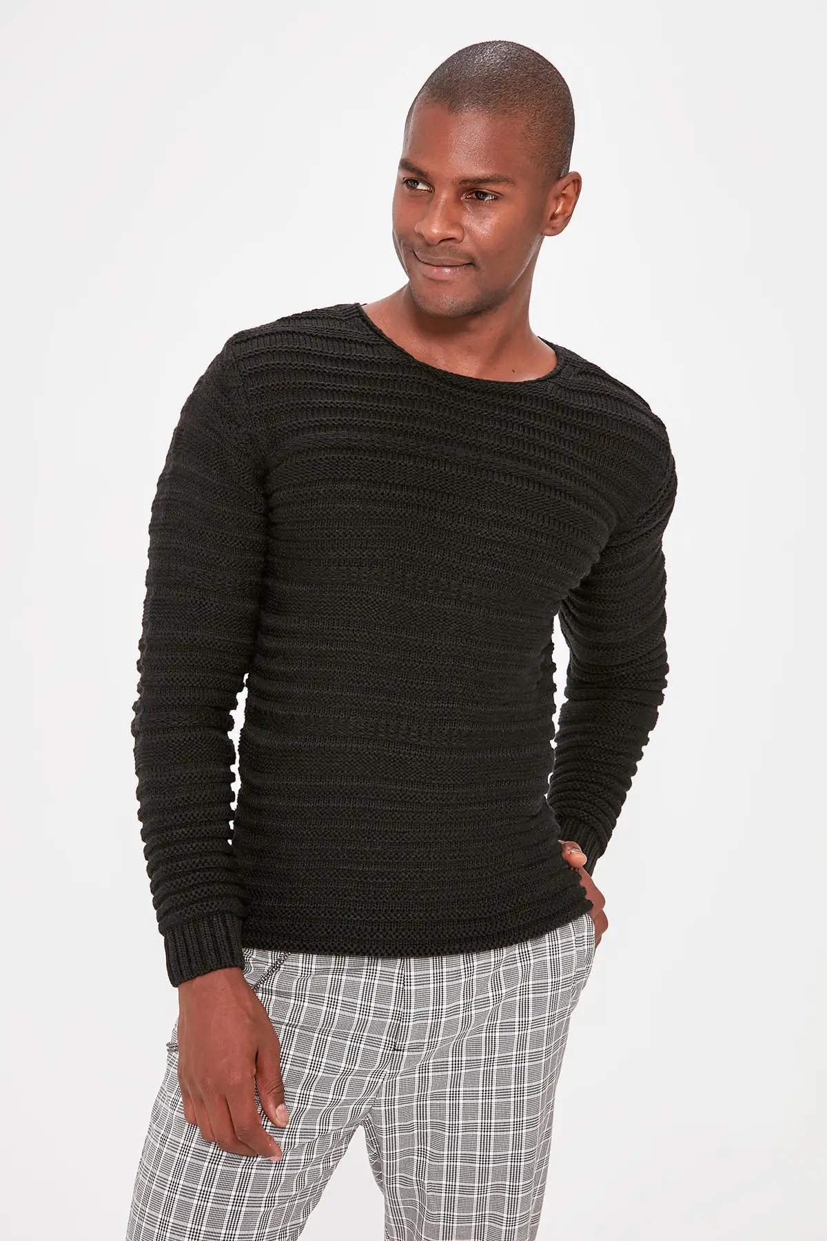 Новый Мужской трикотажный свитер с текстурированным велосипедным воротником