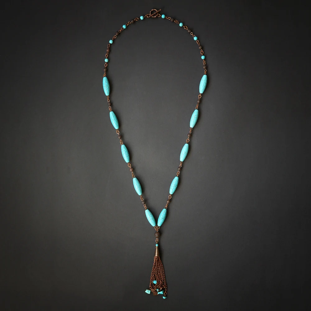 

Mavra бирюза ручной работы длинное из натурального камня кисточка женское ожерелье синего и медного цвета Бесплатная доставка