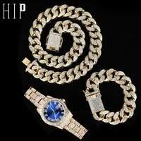 hip hop 20mm 3pcs kit watchnecklacebracelet bling crystal aaa iced out cuban rhinestones chains for women men jewelry