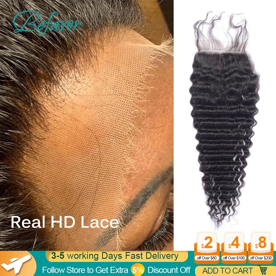 Invisible HD Lace Closure Deep Wave HD Lace Frontal Closure Only Pre Plucked Human Hair 6x6 5x5 4x4 HD Lace Closure for Women