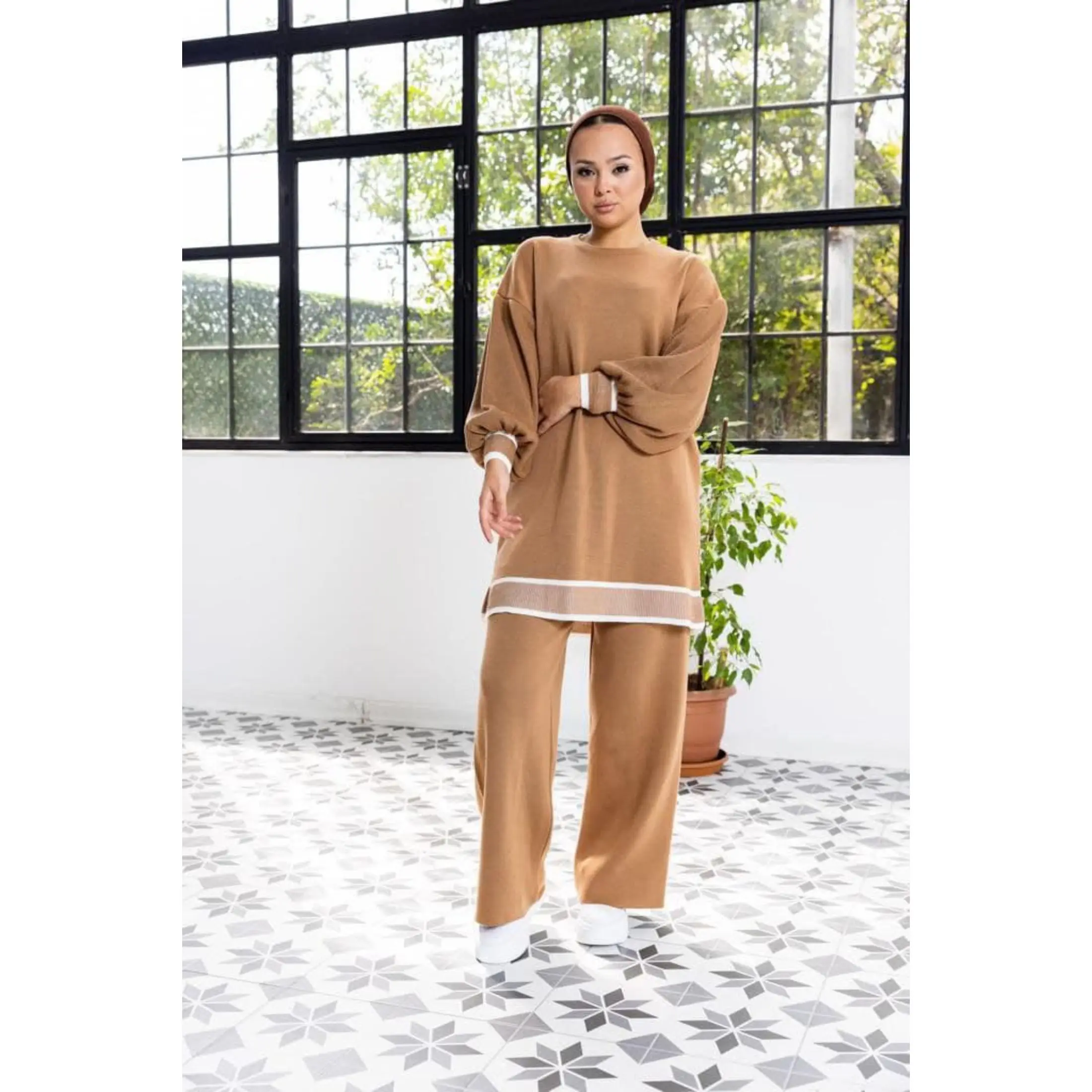 

2 Piece Muslim Women's Sportive Knitwear Set Balloon Sleeved Tunic Sweater and Baggy Pant Double Suit Muslim Fashion Turkey