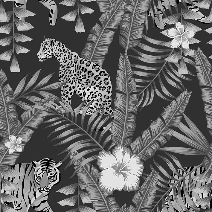

Curtain Leopard and Tiger in Tropical Forest Leaves Flowers Hibiscus Wild Animals Nature Artwork Black White
