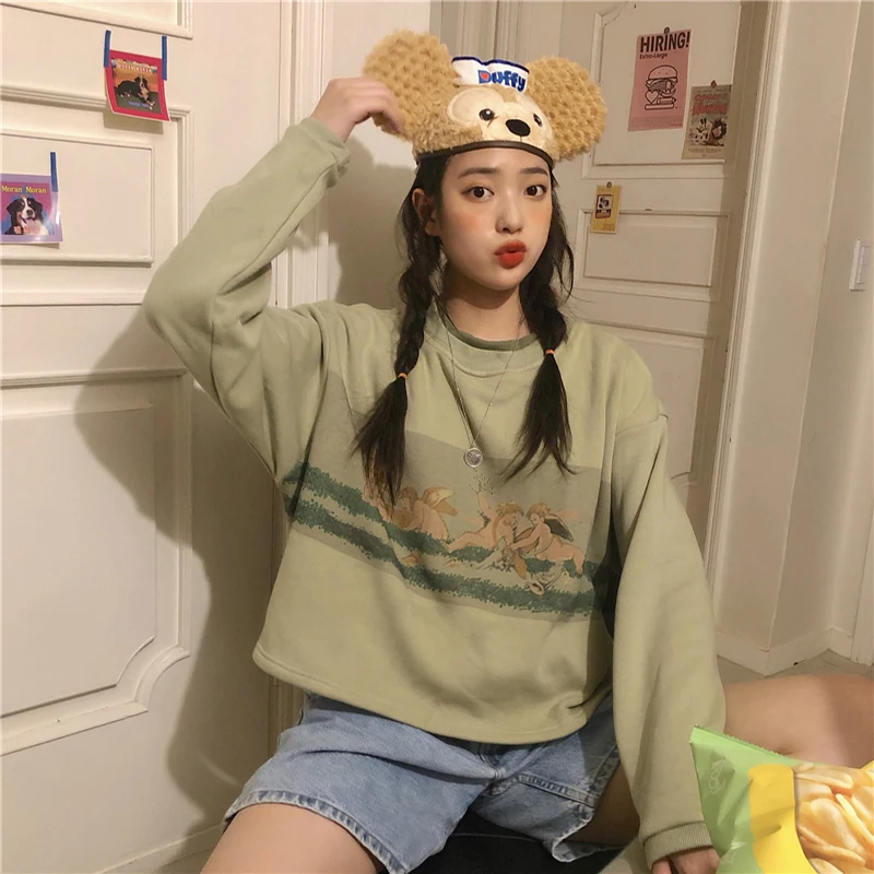 Ангелы мультфильм печати Harajuku Осень и зима толстый женский укороченный свитер корейский стиль свободный негабаритный пуловер