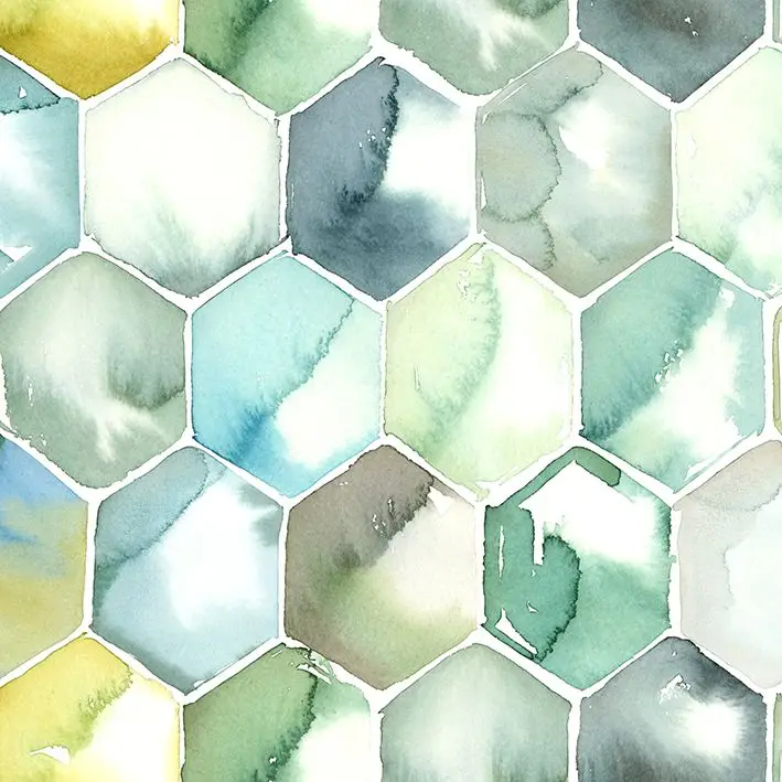 

Curtain Hexagon Honeycomb Soft Colored Watercolor Geometric Pattern Artwork Printed Gray Green Blue Yellow