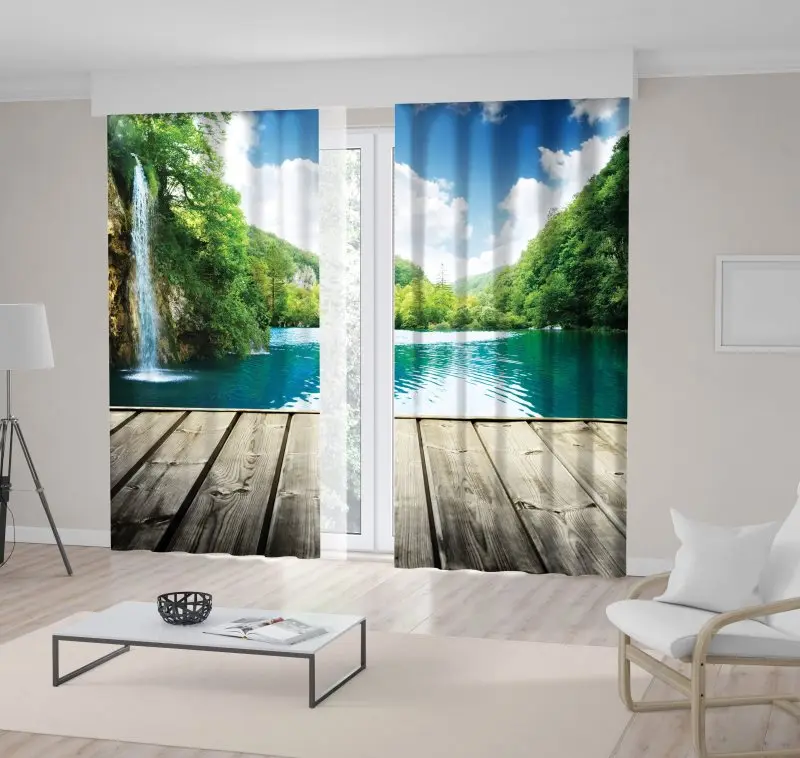 

Curtain Waterfall and Wood Pier in Deep Forest of Croatia Mountain and View Waterscape Blue Green Teal