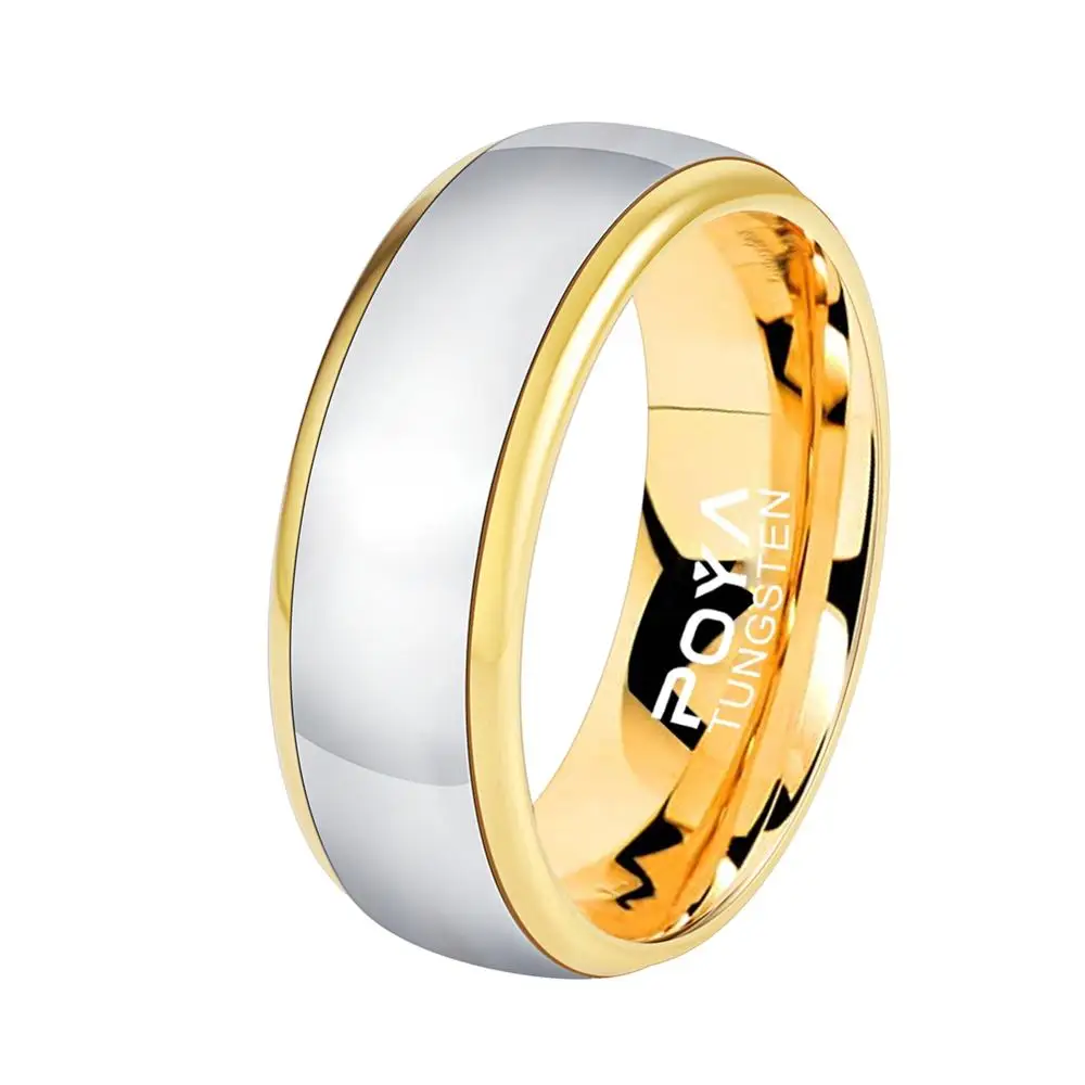 

POYA TUNGSTEN Rings for Men 8 mm Gold Raised Edges Wedding Band High Polished Comfort Fit