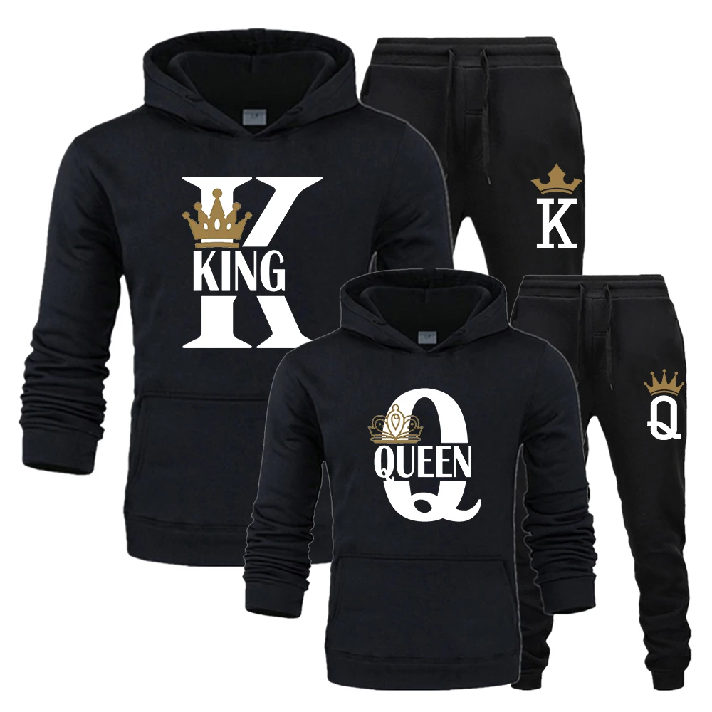 Fashion Lover Couple Sportwear Set King Queen Printed Hoodie and Pants 2Pcs Set Plus Size Men Women Tracksuits Jogging Suits