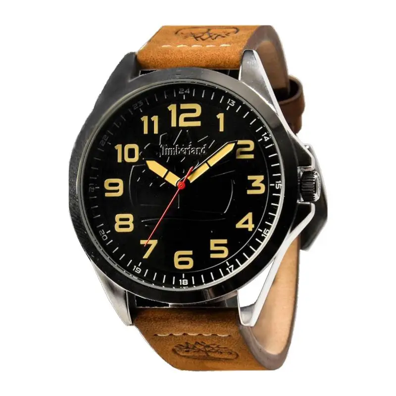 Мужские кварцевые часы Timberland с черным циферблатом кожаным коричневым ремешком