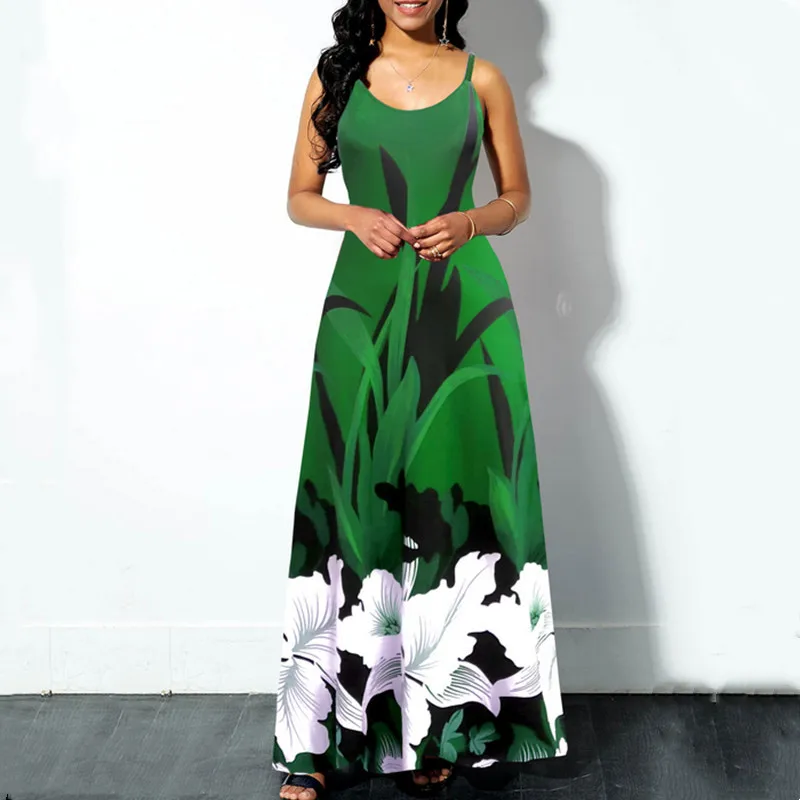 

Женское длинное платье на бретельках, с круглым вырезом и цветочным принтом