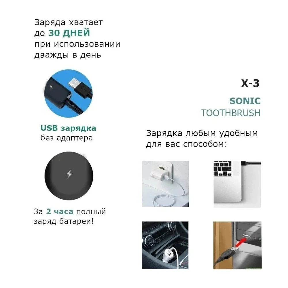 Электрическая зубная щетка Sonic Toothbrush X-3 4 насадки для гигиены полости рта детей и