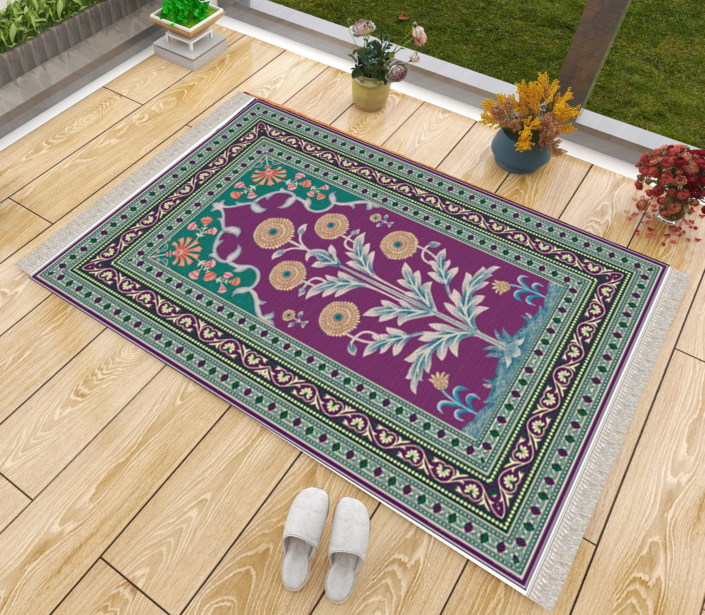 

Роскошный толстый молитвенный коврик, зеленый, фиолетовый цветок, нескользящий, мусульманский, исламский, янамаз, напольные коврики, молитв...