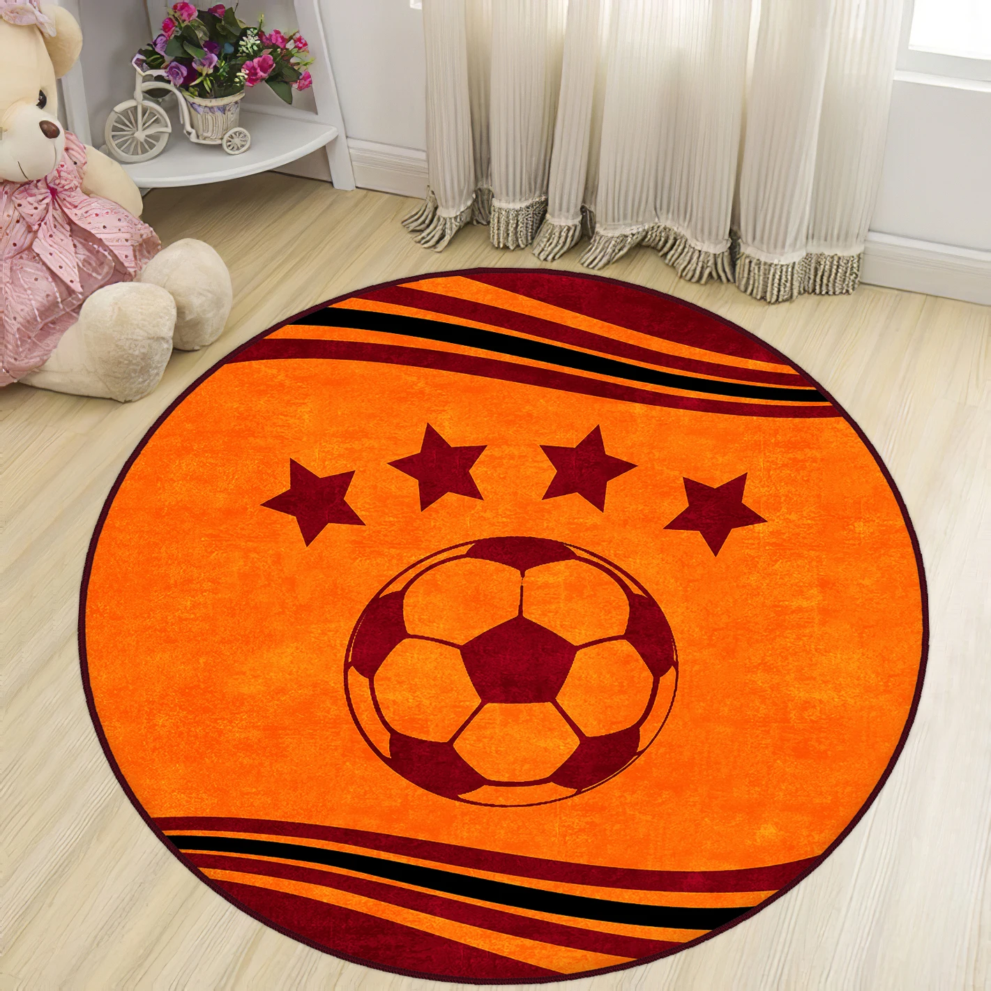 

Orange Round Kids Room Rug football astroturf top star orange red black