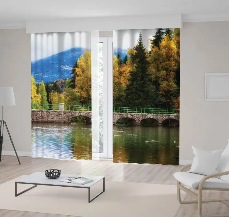 

Curtain Lomnica Dam Lake Trees Autumn Scenery of Karkonosze Mountains Karpacz Poland Green Blue Landscape Printed