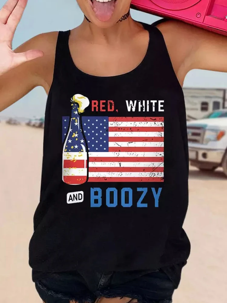 

Summer New Fashion Tank Camis Red White And Boozy American Flag Racerback Tank Tops Casual O-Neck Sleeveless Vest For Women