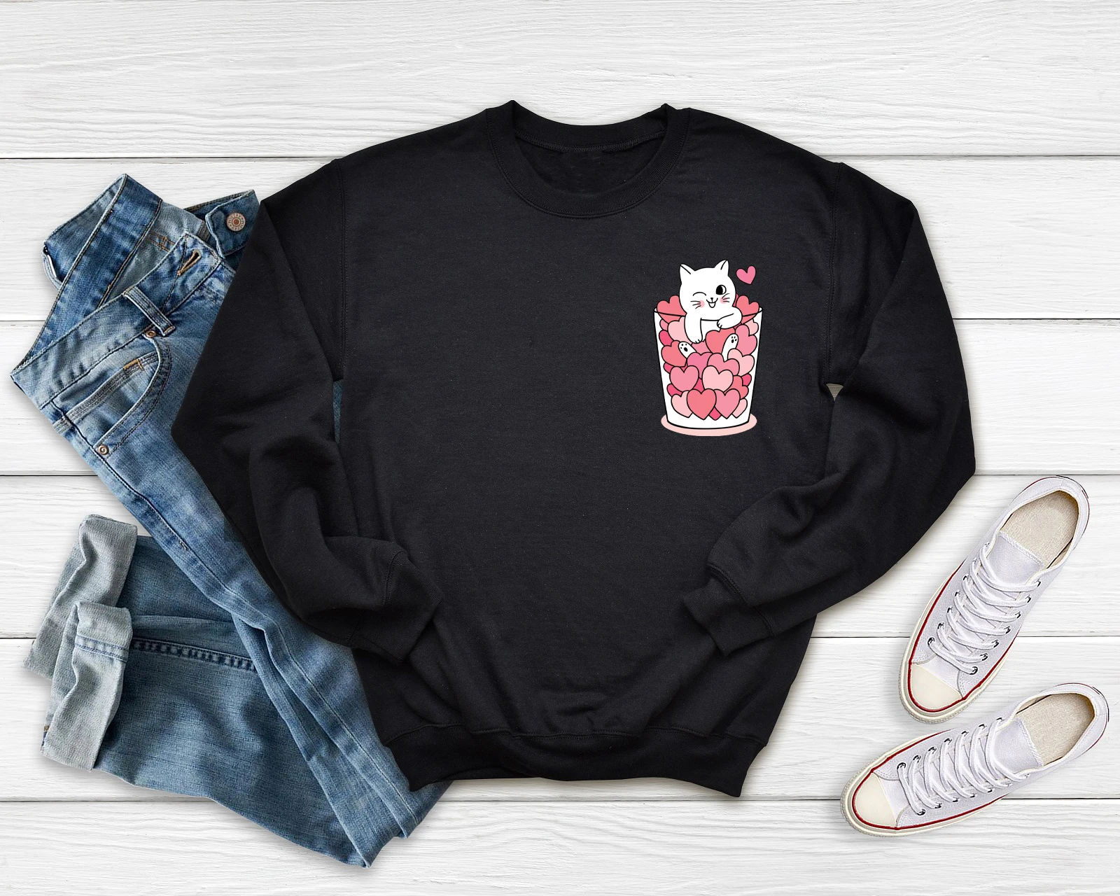 love heart teacup Cat Pocket Women's Sweatshirt lovers Pullover Harajuku style Sweats women Fashion casual Vintage Top | Женская