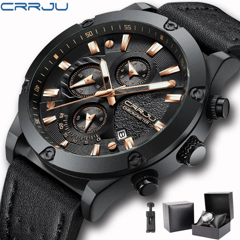 

reloj hombre CRRJU Fashion Watch Men Six-pin Chronograph Leather Waterproof Quartz Wristwatches Men's Outdoor Sports Watches