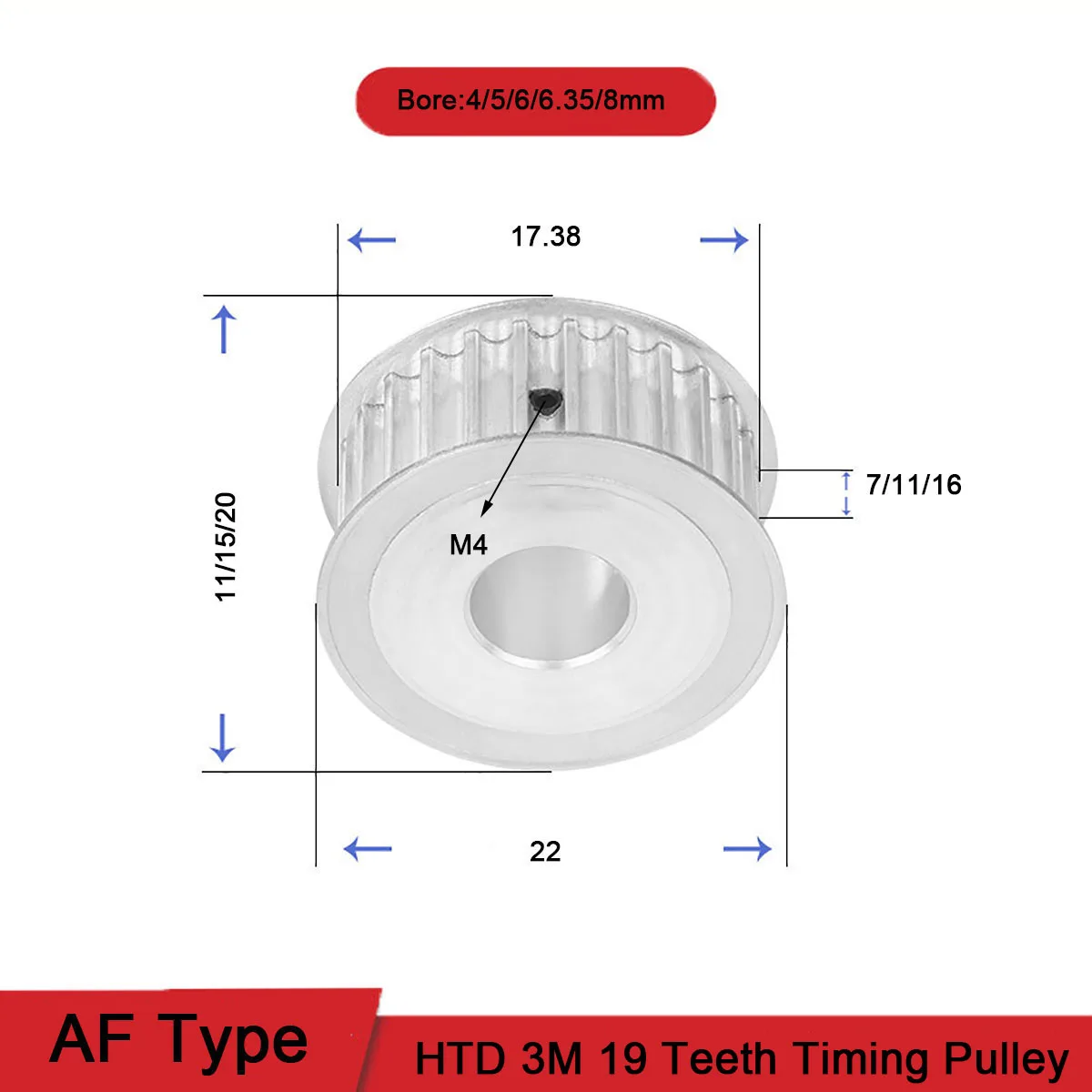 

HTD 3M 19T Timing Pulley Bore 4/5/6/6.35/8mm Gear Pulley 3mm Pitch Teeth Width 7/11/16mm Aluminum Synchronous Timing Belt Pulley
