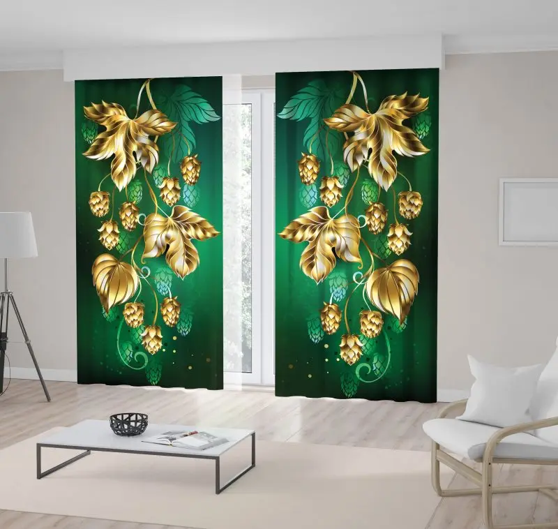 

Curtain Gold Hop Branch Leaves on Green background Nature Stylish Floral Pattern Artwork Printed