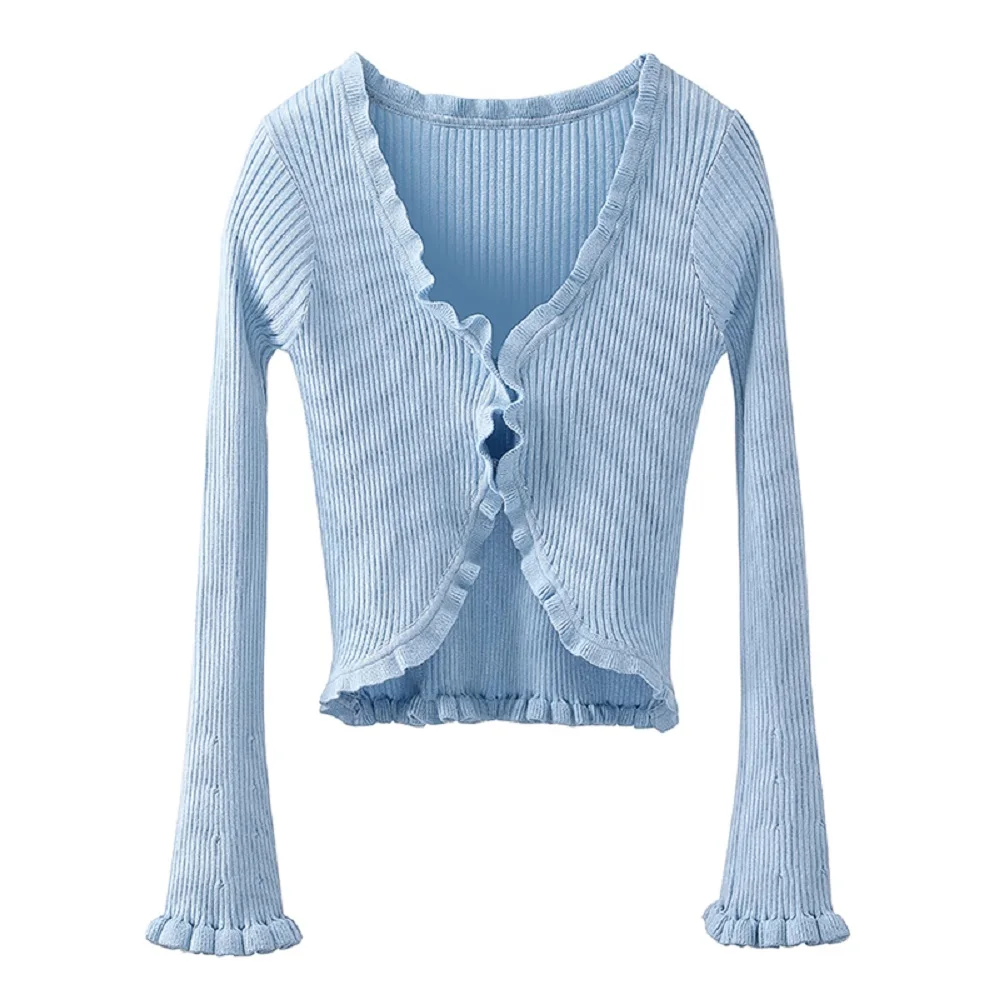 

Summer Tight-fitting Stretch Knit Ruffle Ladies Tops T-shirts 2021New Ladies Fashion Short-sleeved All-match Tops Cardigans bra