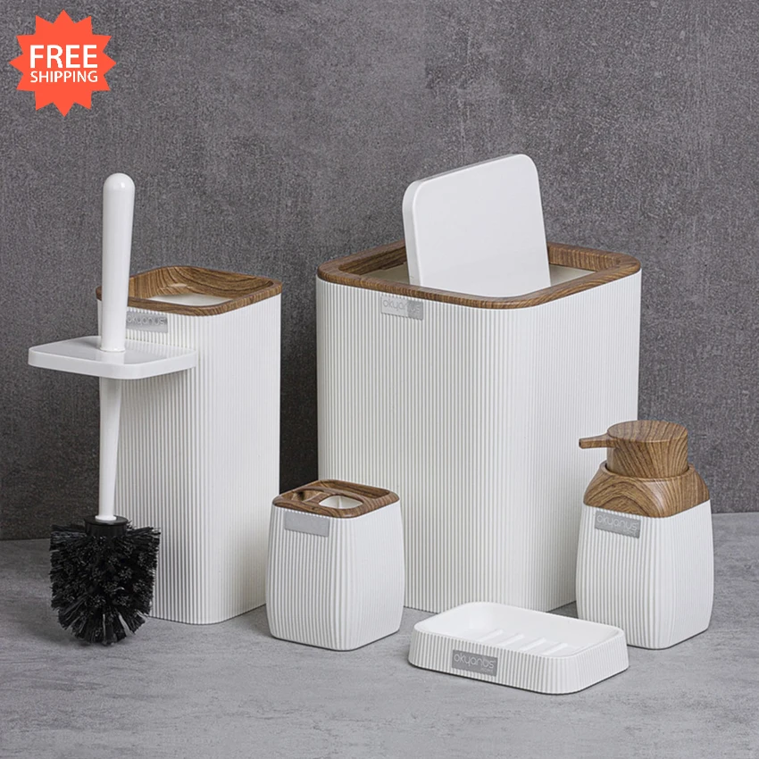 oceanland wooden patterned striped hard plastic 5 piece bathroom set toothbrush holder soap dispenser toilet brush dustbin free global shipping