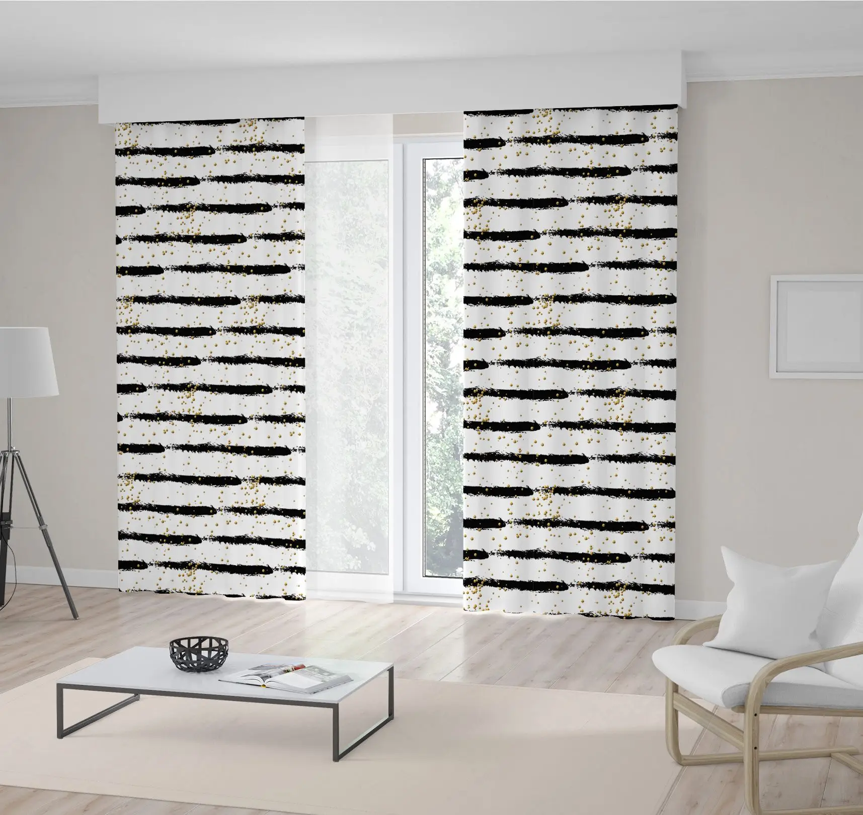 Занавес абстрактный узор с золотыми точками на черно белые полосы Современное