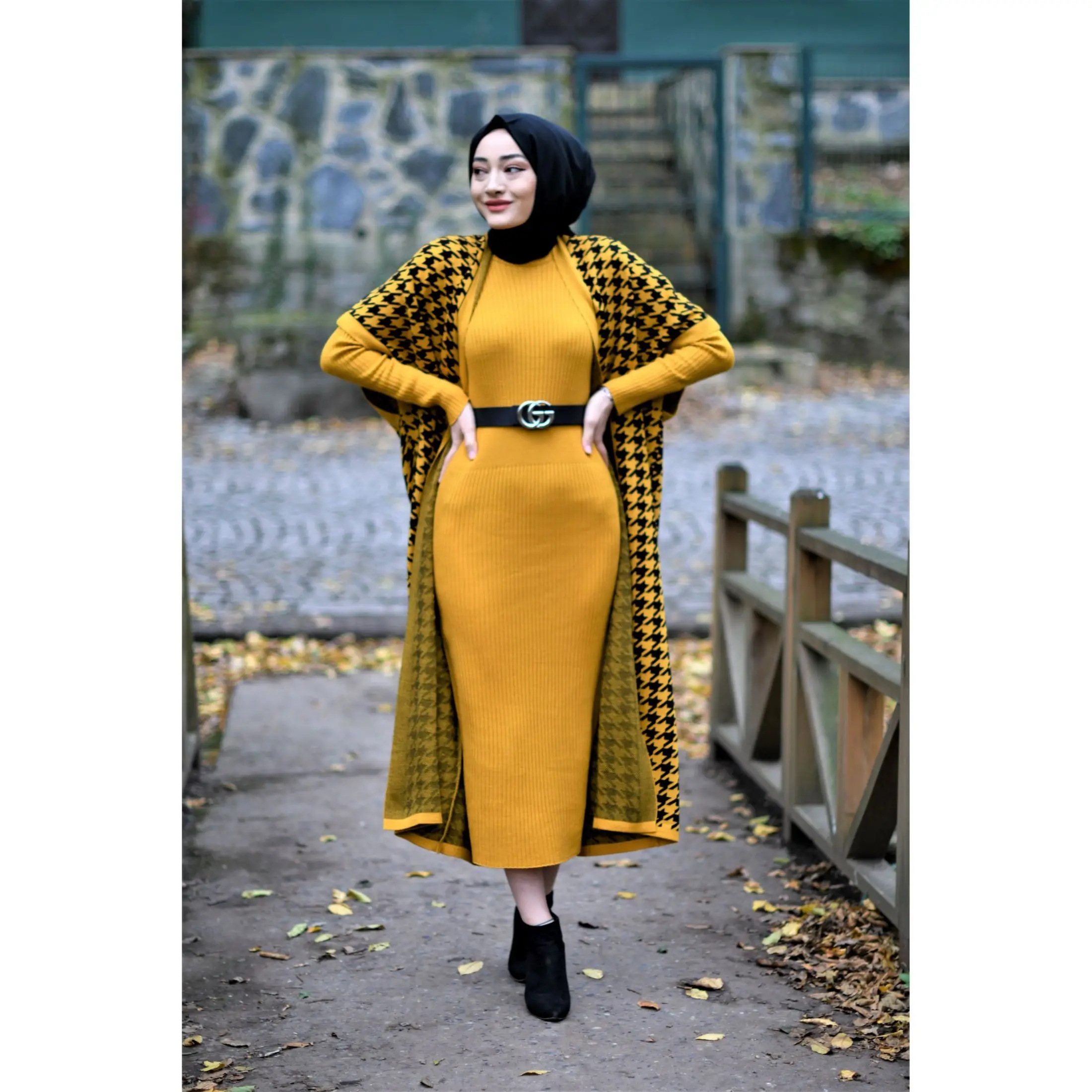 Two Piece Muslim Sets Maxi Dress and Crowbar Pattern Cardigan Abaya Set Modest Islamic Clothing Sets Hijab Turkish Dresses Dubai