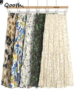 qooth summer skirts floral print high waist casual midi a line long skirt women flower elegant skirt qt1655