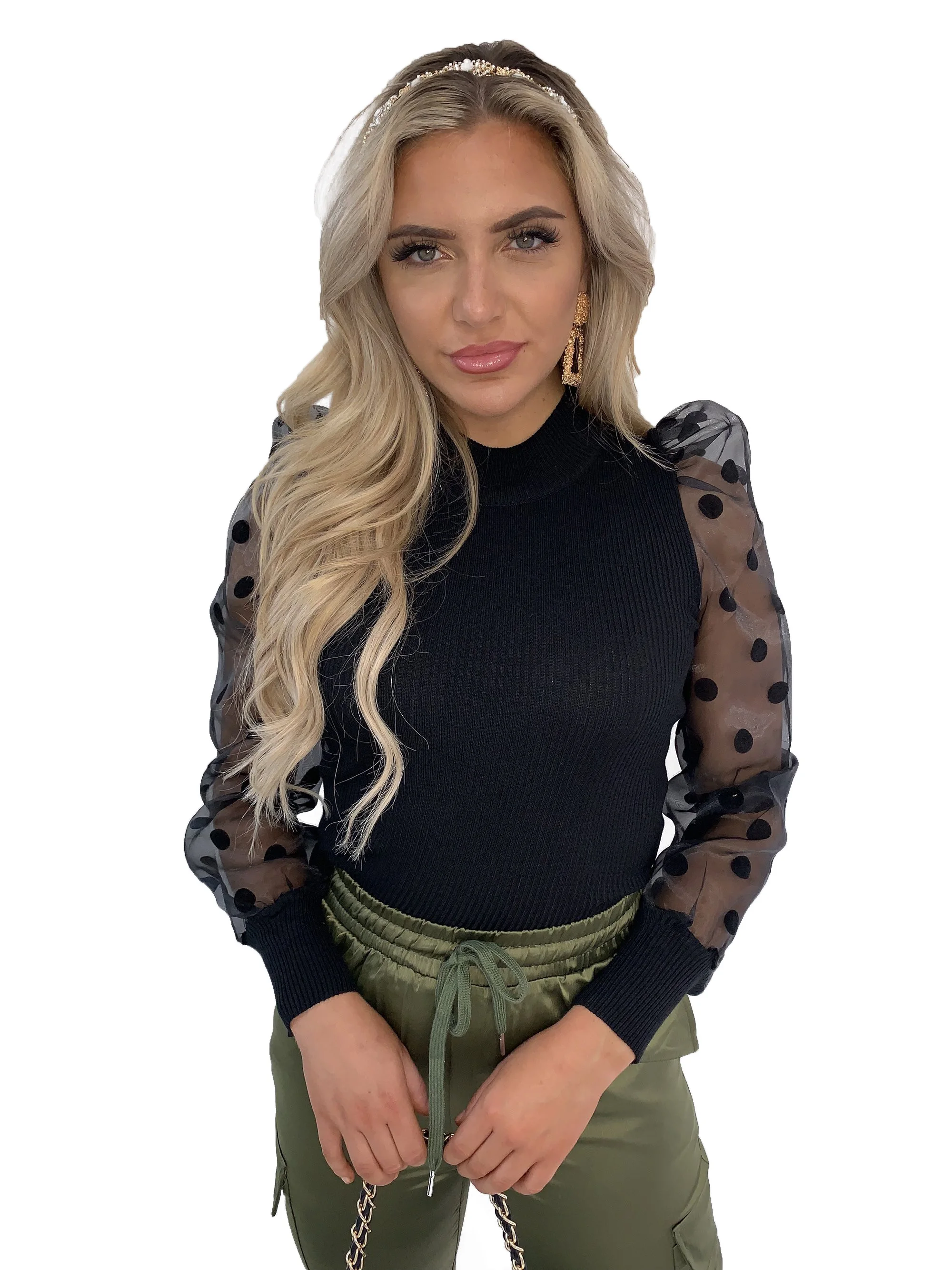 Женский свитер с рукавами-фонариками элегантная однотонная блузка в горошек