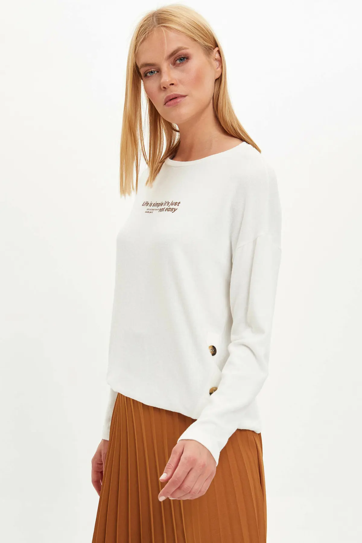 Дефакто Женская модная футболка с длинным рукавом Женский пуловер круглым