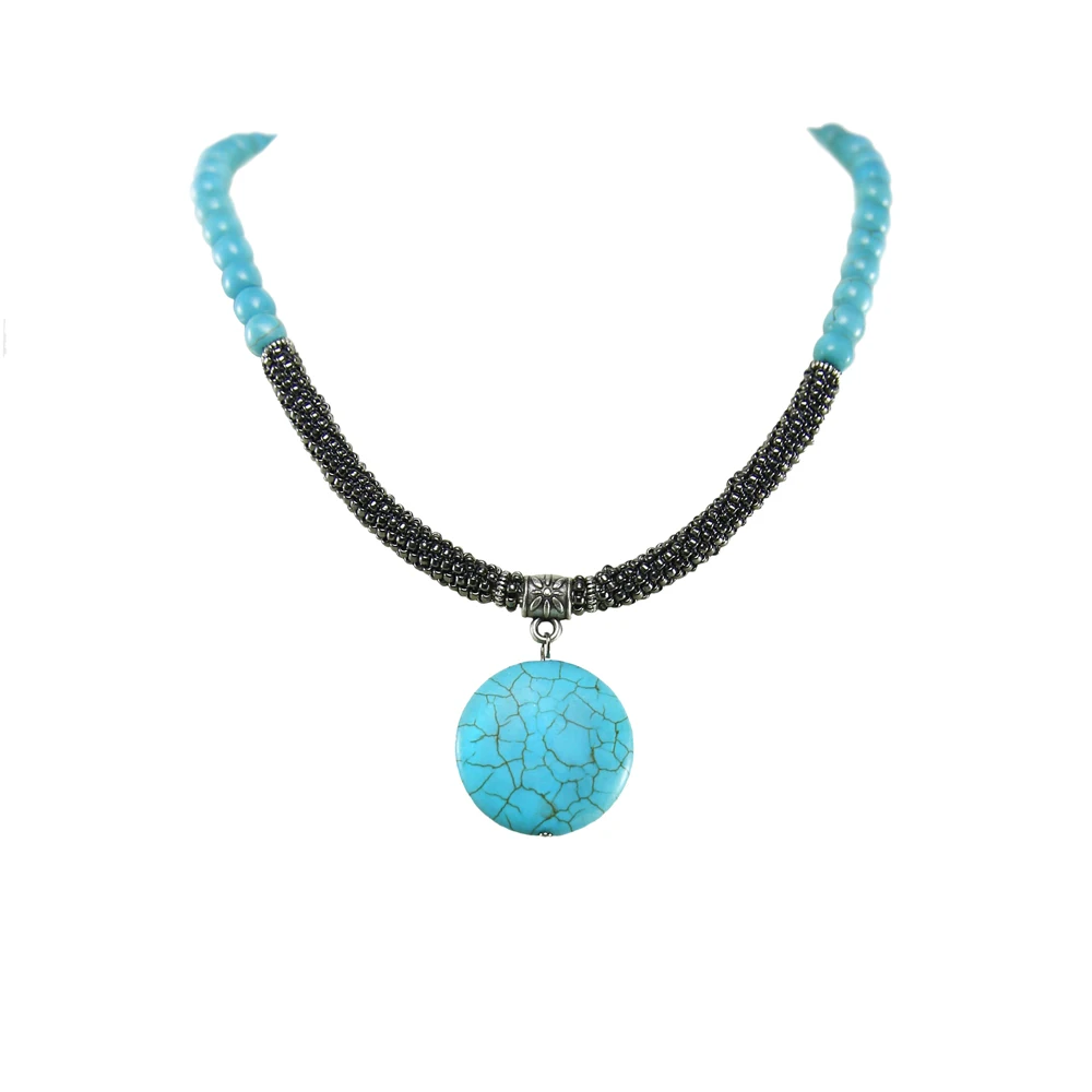 

Mavra бирюза ручной работы натуральный камень богемный кулон из бисера ожерелье синий шарик повседневные украшения для женщин