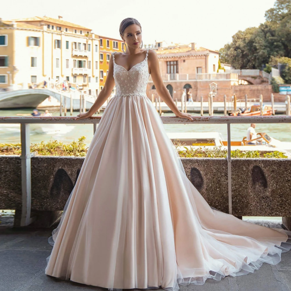 

Light Champagne Wedding Dress Thin Straps A Line Floor Length Formal Bridal Gown With Lace Sweep Train Backless Vestido Novia