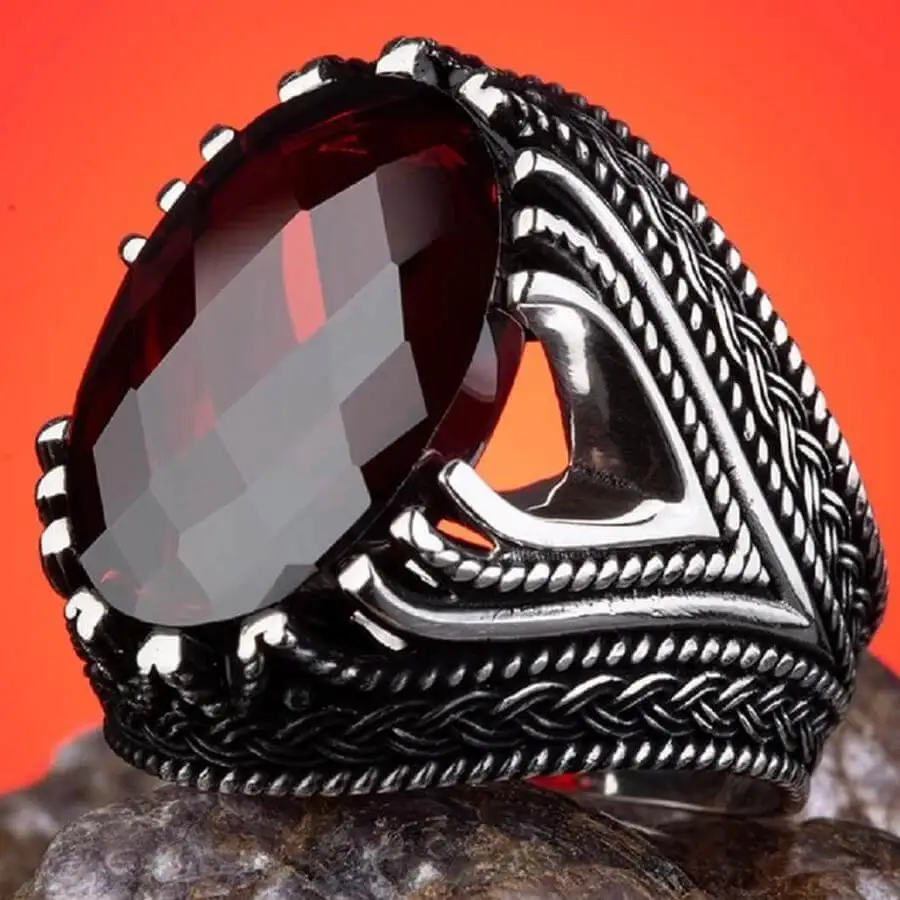 

925 Sterling Sterling Silver Mens Ring with Faceted Red Zircon Stone Fashion Turkish Premium Quality Handmade Jawelery