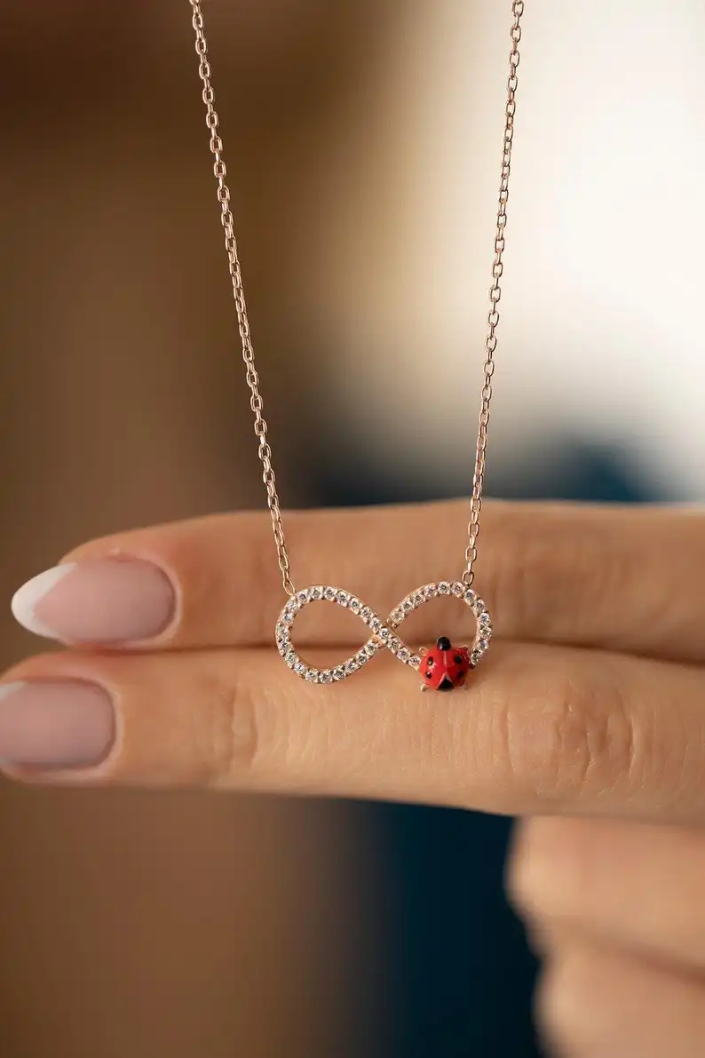

Серебро 925 пробы, розовое золото ожерелье с божьей коровкой пробы с камнем циркония, ожерелье бесконечности, ожерелье бесконечности из розо...