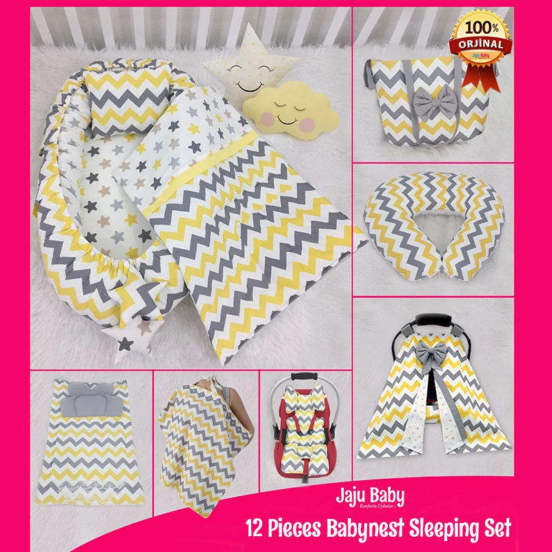 Jaju Baby Handmade Gray Yellow Zigzag Luxury Orthopedic BabyNest 12 Piece Set, Breastfeeding Pillow,Stroller Cover Baby Sleeping