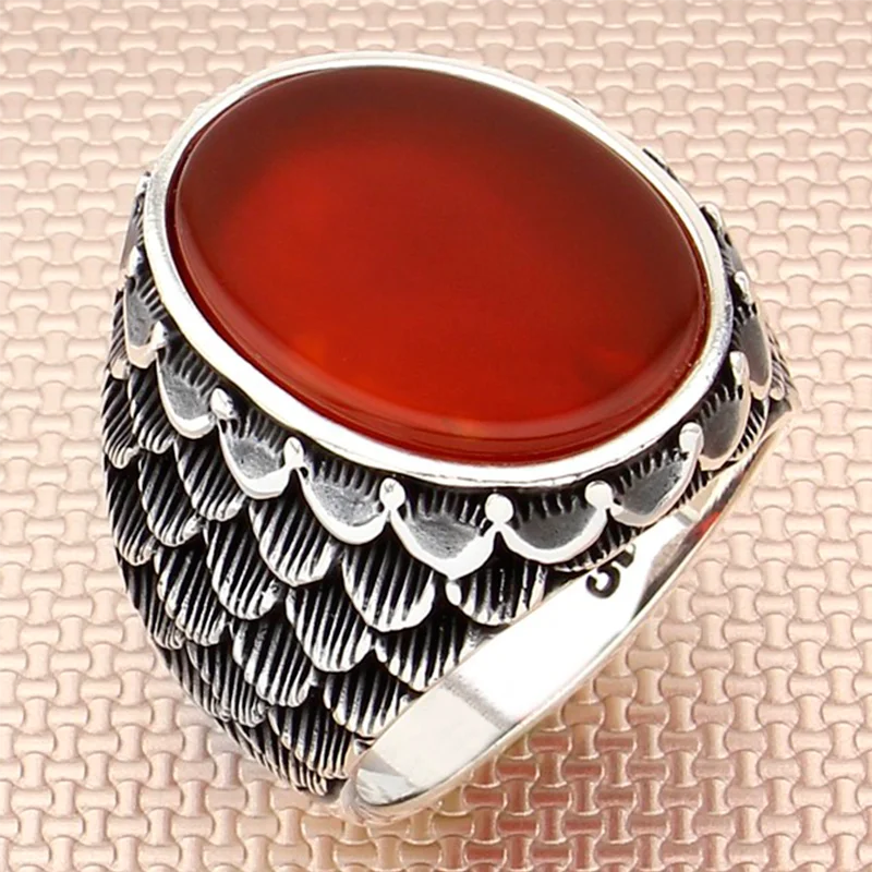Real Pure 925 Sterling Silver Ring With Stone For Men For Women Red Agate Gemstone Gift For Him Handmade Turkish Jewelry