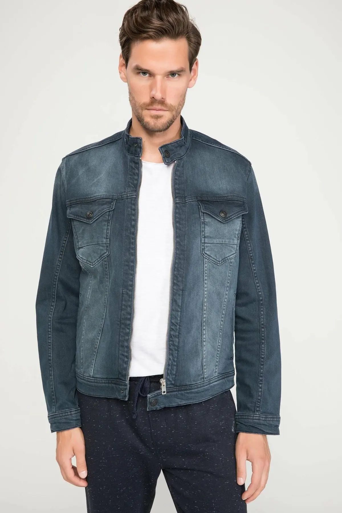 Дефакто Модные мужские джинсовые куртки со стоячим воротником пальто высокого