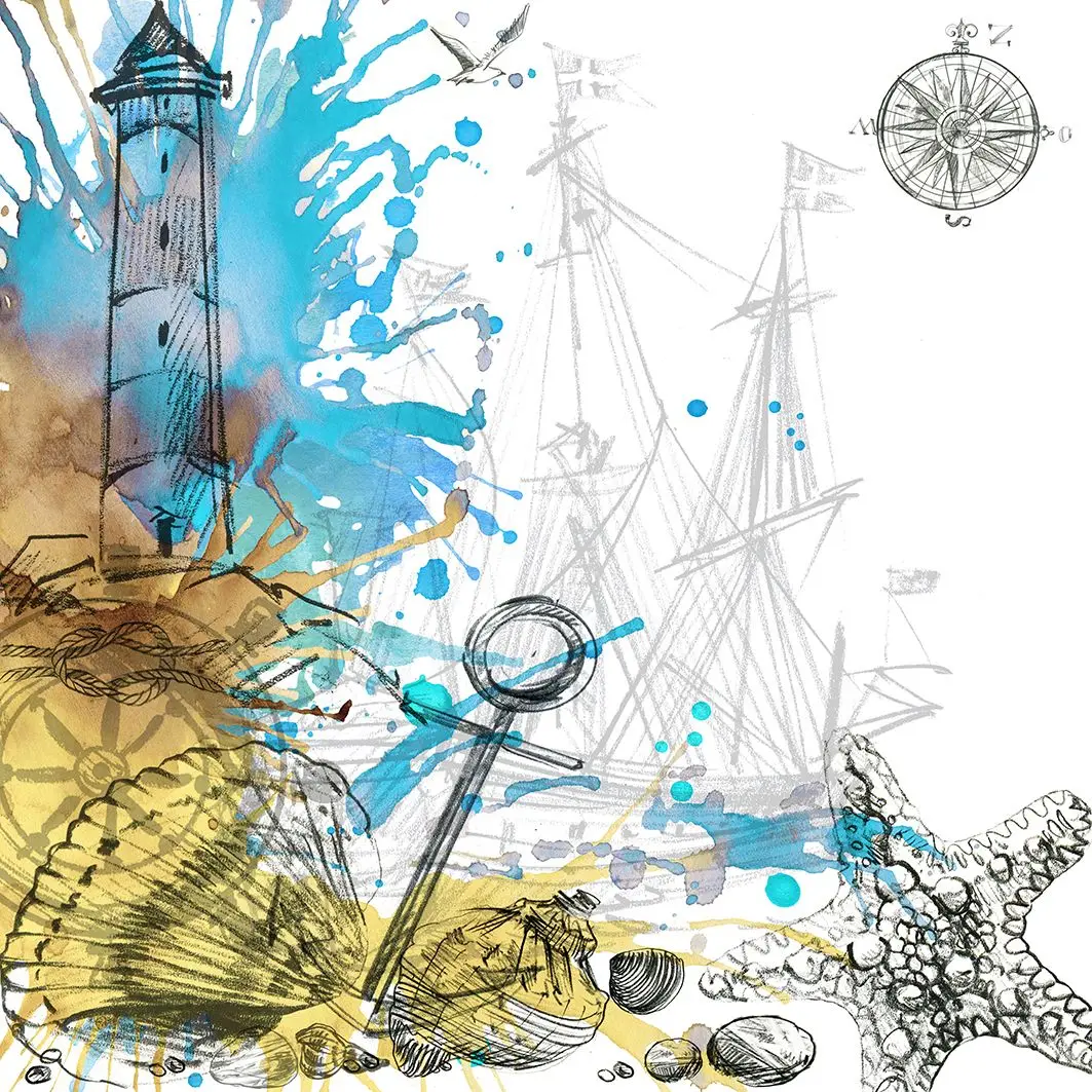 Занавеска для душа в лодках Морской Маяк Раковина Морская звезда Краска Брызги