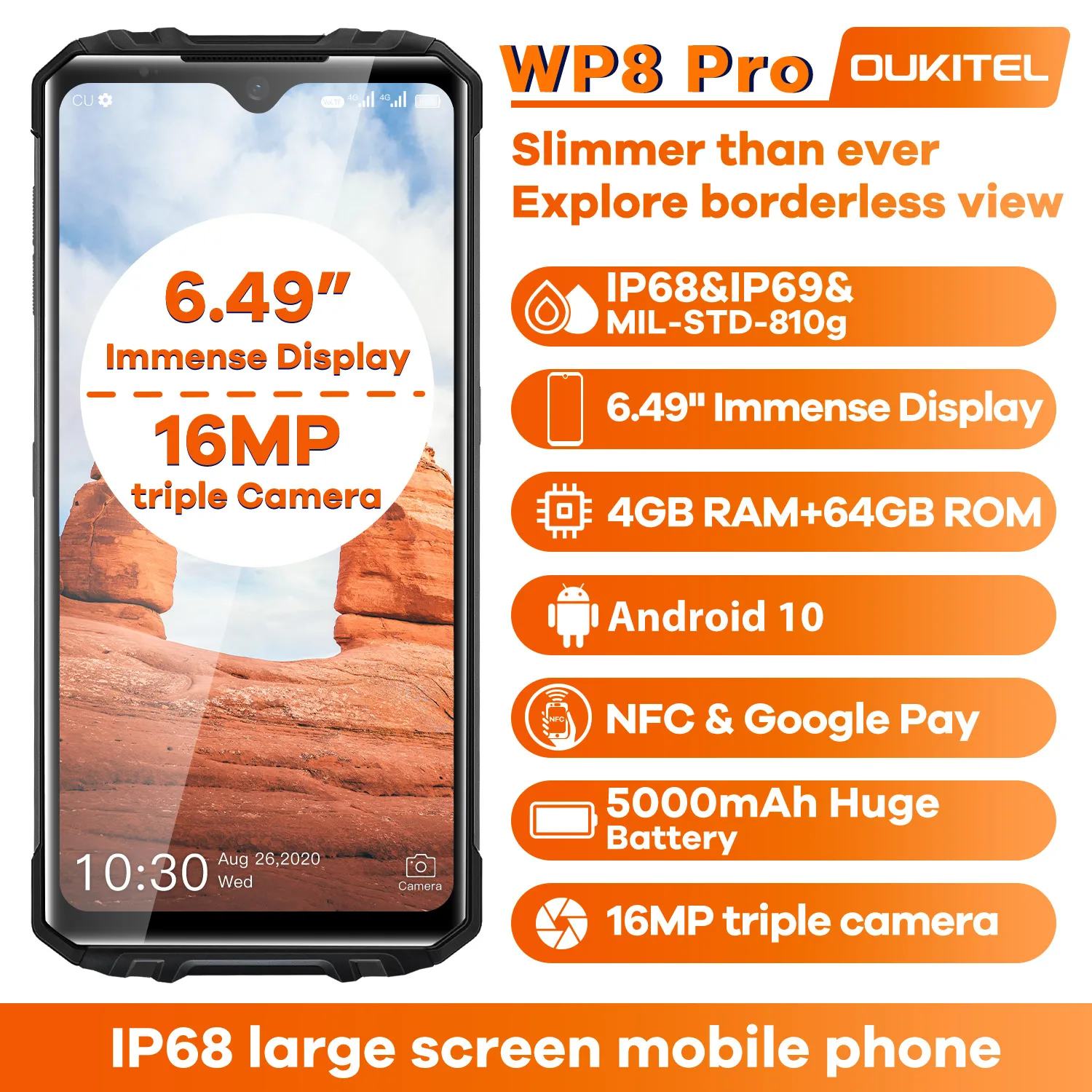 Смартфон OUKITEL WP8 Pro NFC Android 10 IP68 6 49 дюйма 4 + 64 ГБ 5000 мА · ч тройная камера 16