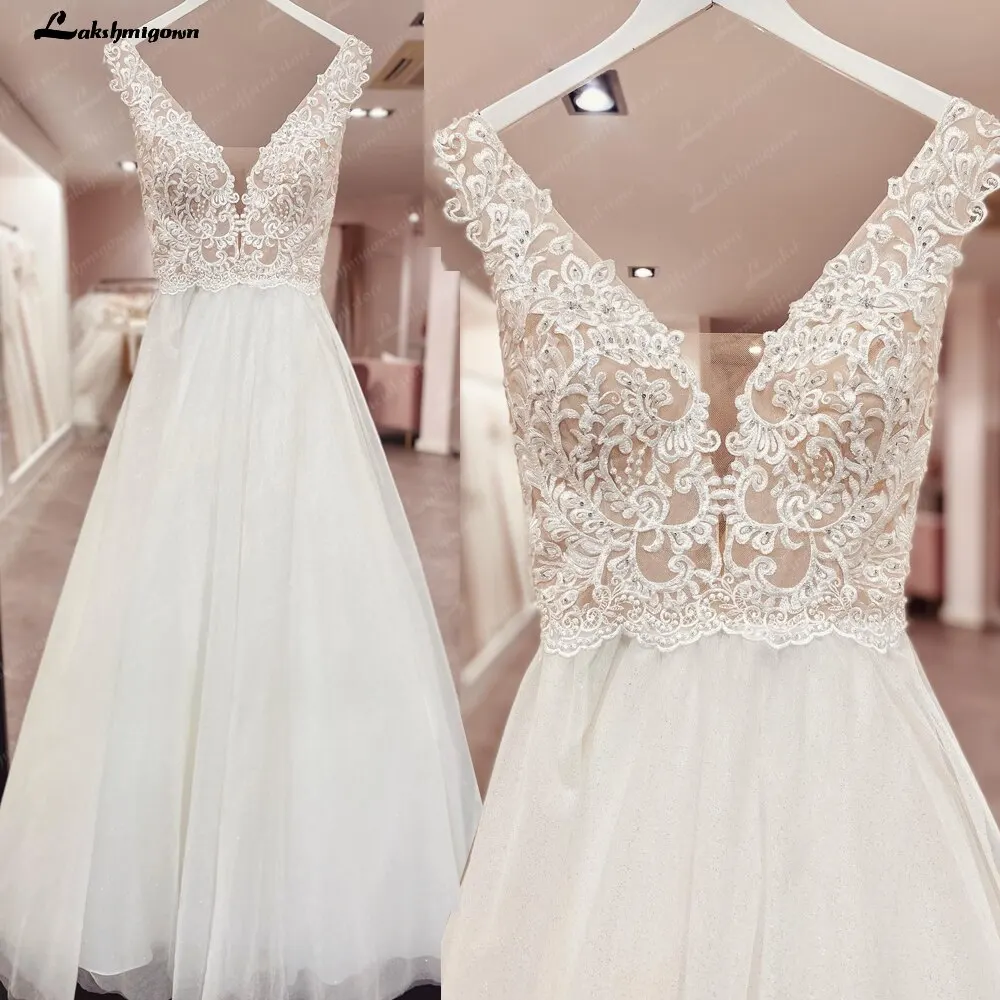 

Boho V-neck Off the Shoulder Lace Appliques A-Line Wedding Dress 2022 Tulle Bridal Gown Sweep Button Floor-Length Beading robe