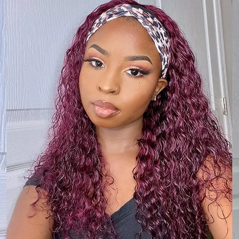 99j Burgundy Headband Wig Curly Human Hair Wigs For Black Women Brazilian Colored Deep Wave With HeadBand | Шиньоны и парики