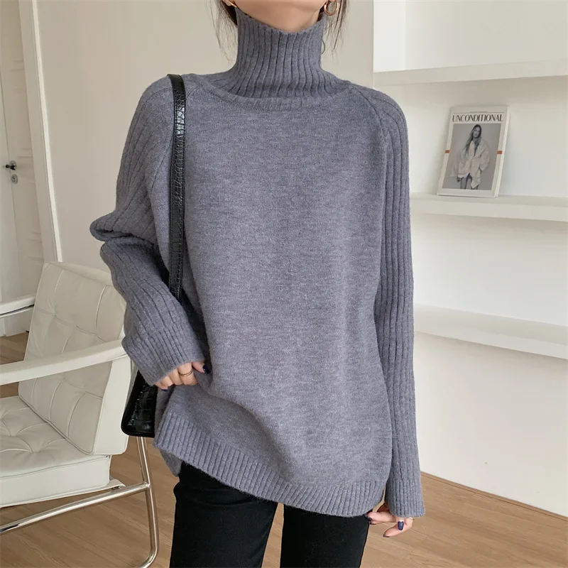 Женский кашемировый свитер-водолазка свободный плотный теплый вязаный пуловер в
