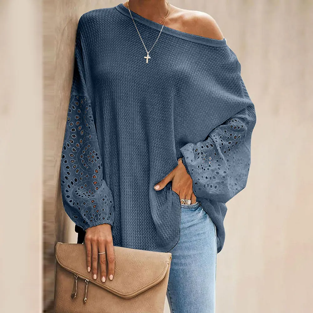 

Elegant Lace Long Sleeve T-shirt For Women Hollow Out O-Neck Stitching Solid Pullover Top Female Casual Loose Autumn Clothing