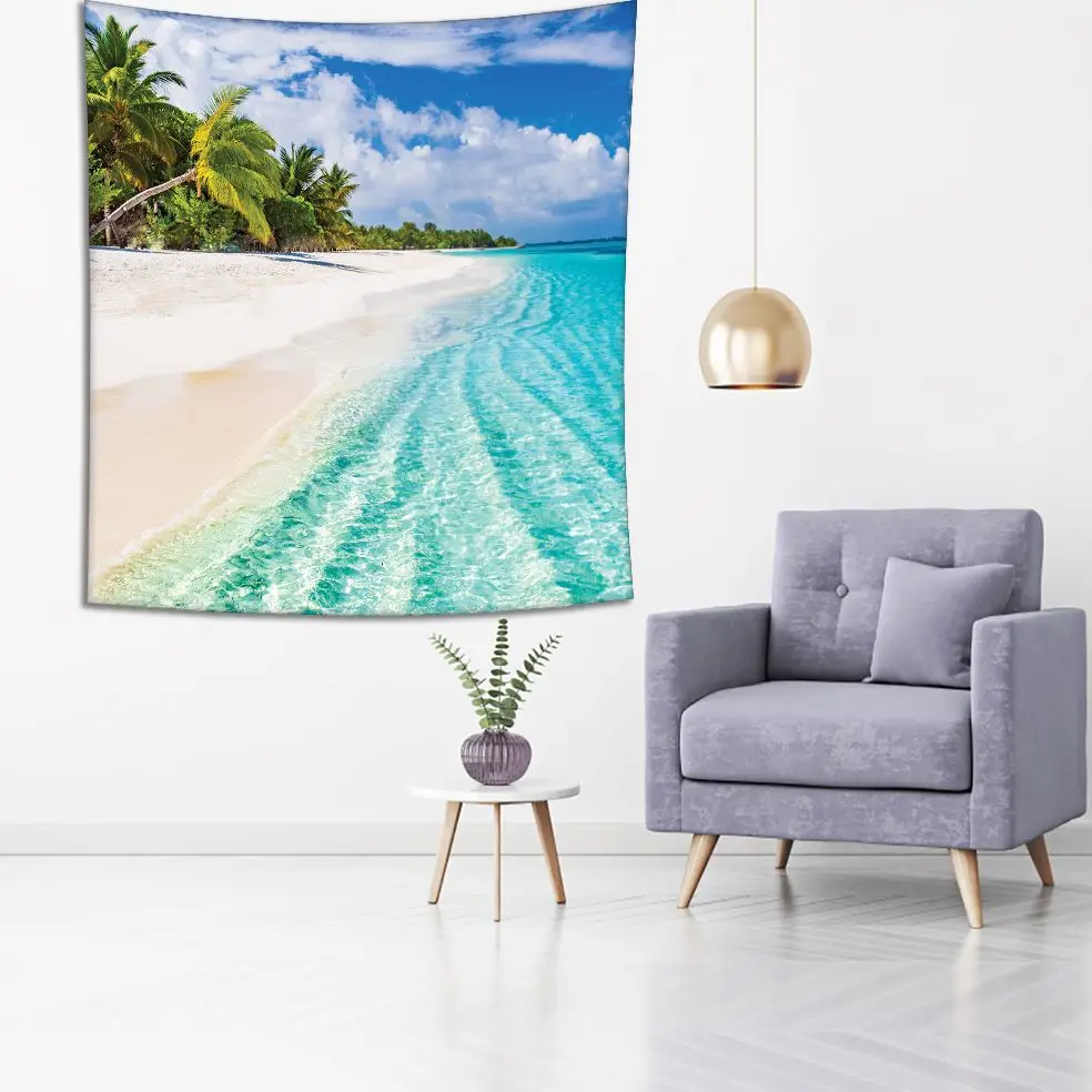 Гобеленовый пляж с пальмами пасмурное небо летний отдых путешествия на Maldives